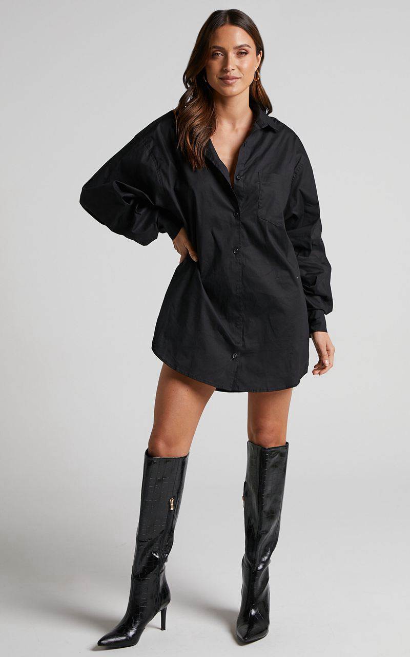 Showpo Janaya Mini Dress - Long Sleeve Shirt Dress Black | LWQNHB394