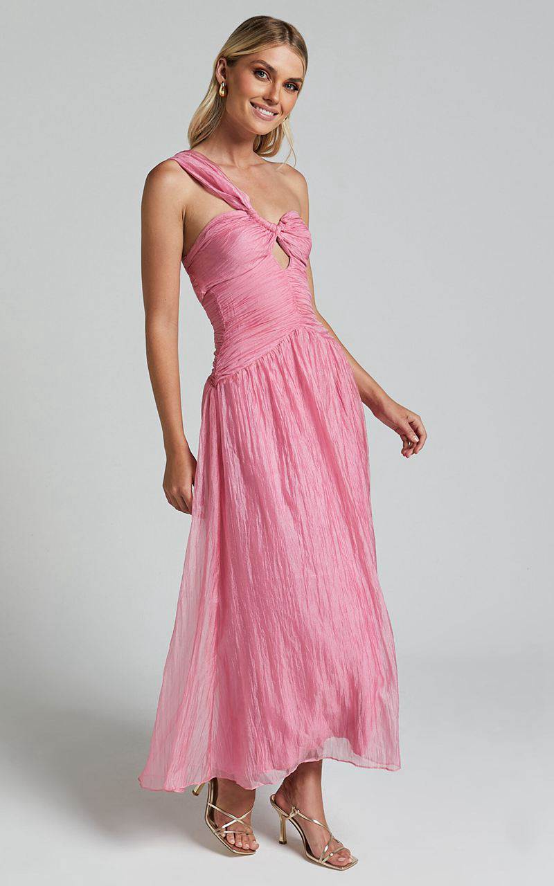 Showpo Janeilla Midi Dress - One Shoulder Cut Out Front Ruched Fit And Flare Dress Pink | QYFLOT824