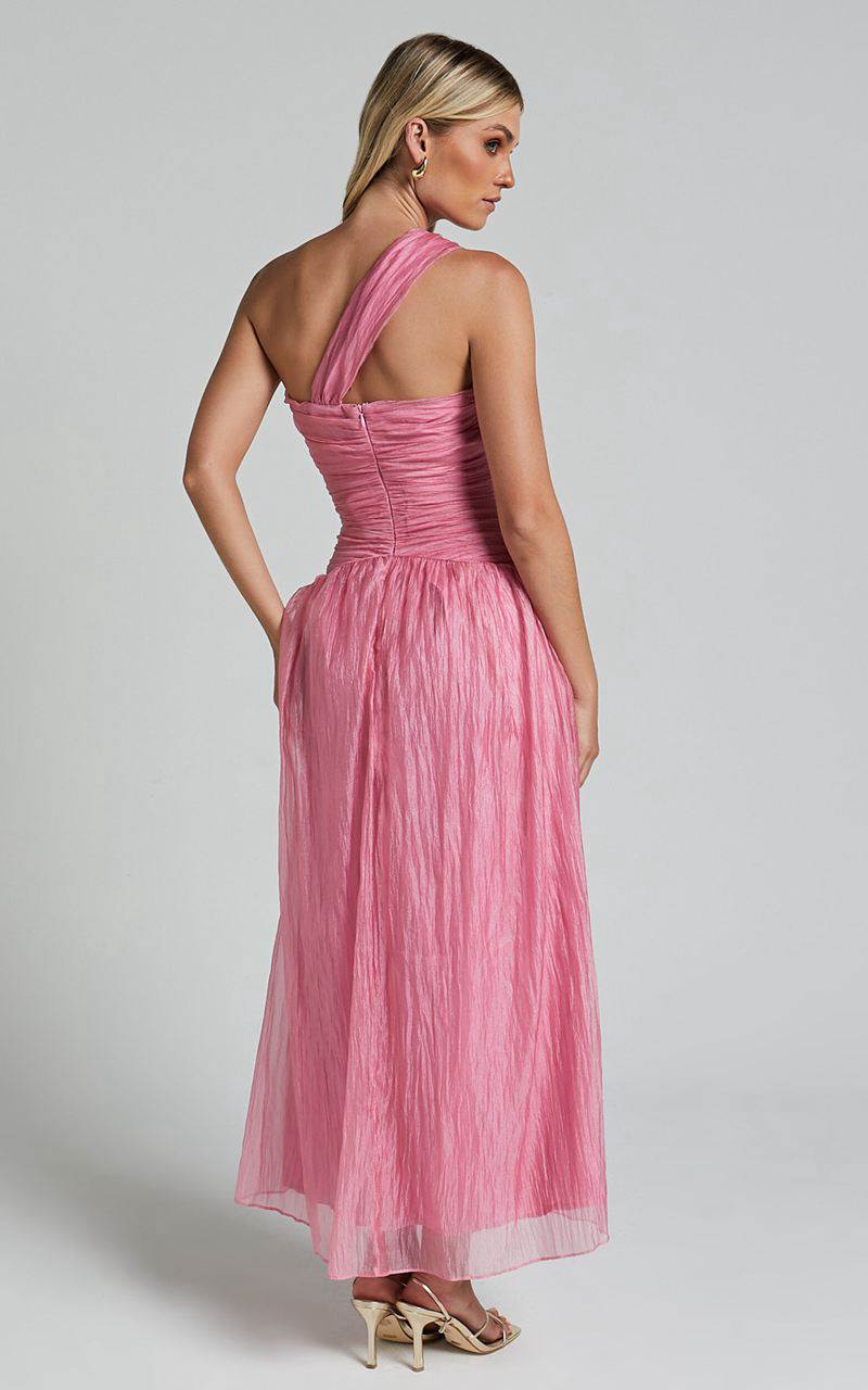 Showpo Janeilla Midi Dress - One Shoulder Cut Out Front Ruched Fit And Flare Dress Pink | QYFLOT824