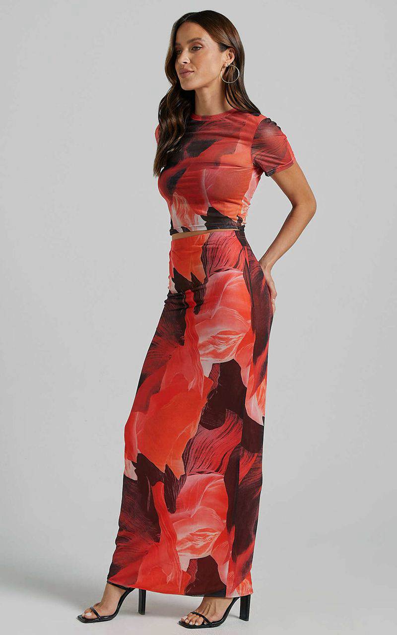 Showpo Janet Top And Skirt Two Piece Set - Short Sleeve Midi Skirt Black And Peach Floral | MHBSIK260