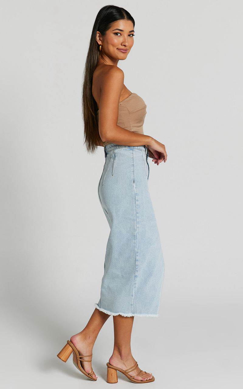 Showpo Janeve Midi Skirt - Front Split Denim Skirt Mid Wash | URDBWP320