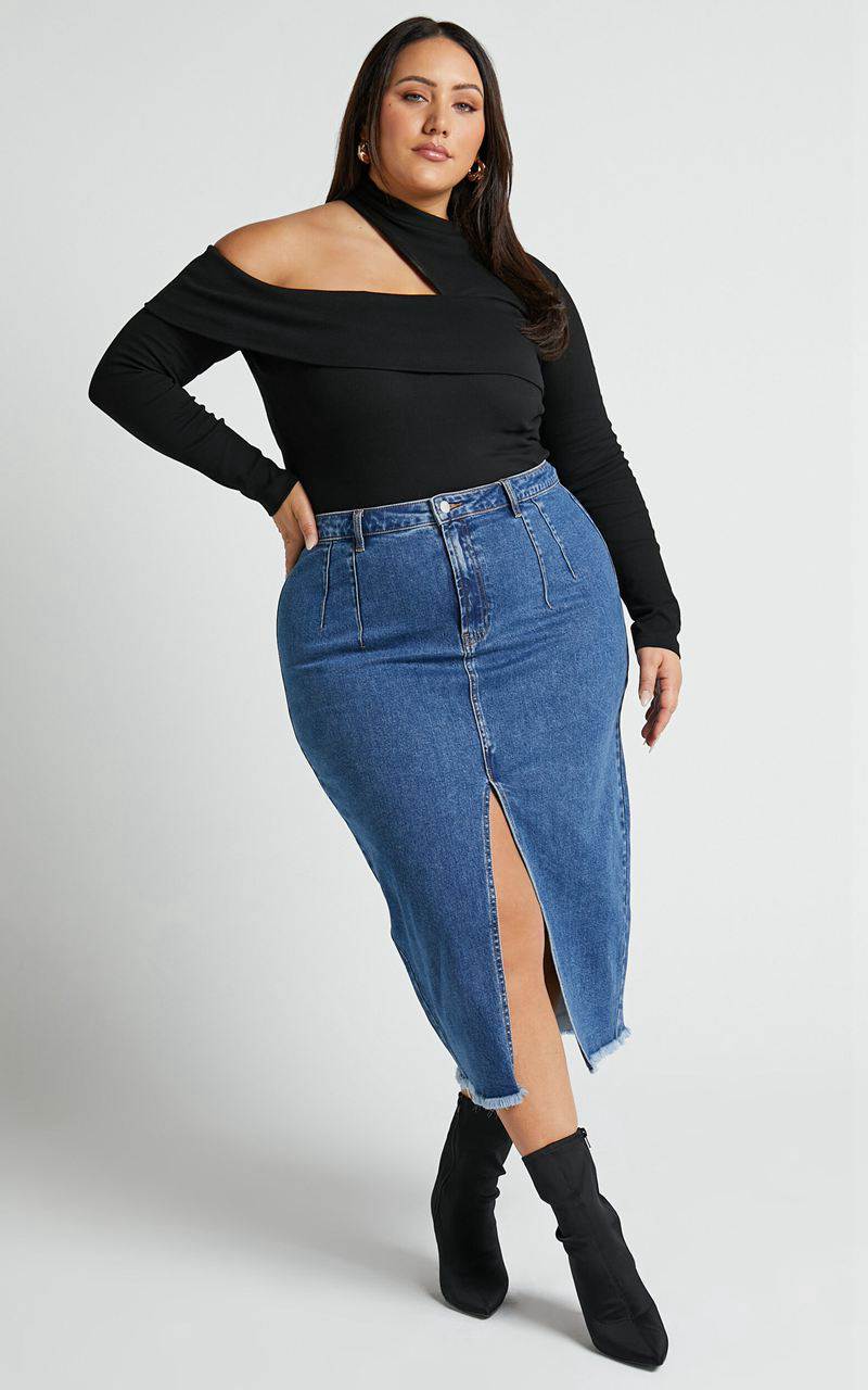 Showpo Janeve Midi Skirt - Front Split Denim Skirt Dark Blue | CGJQHY905