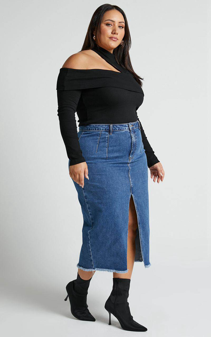 Showpo Janeve Midi Skirt - Front Split Denim Skirt Dark Blue | CGJQHY905