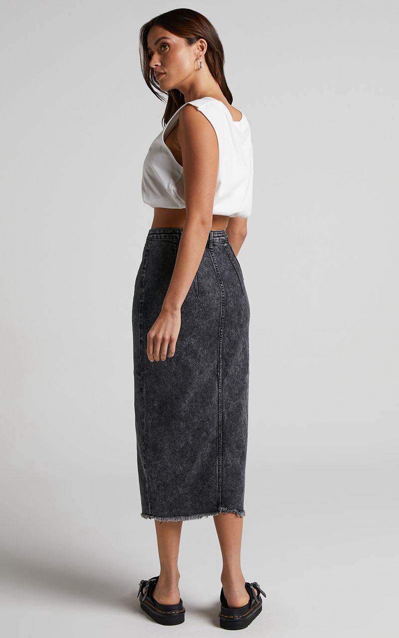 Showpo Janeve Midi Skirt - Front Split Denim Skirt Black Acid Wash | BFMJZS236