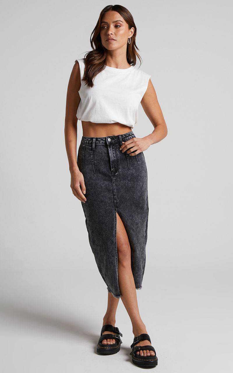 Showpo Janeve Midi Skirt - Front Split Denim Skirt Black Acid Wash | BFMJZS236