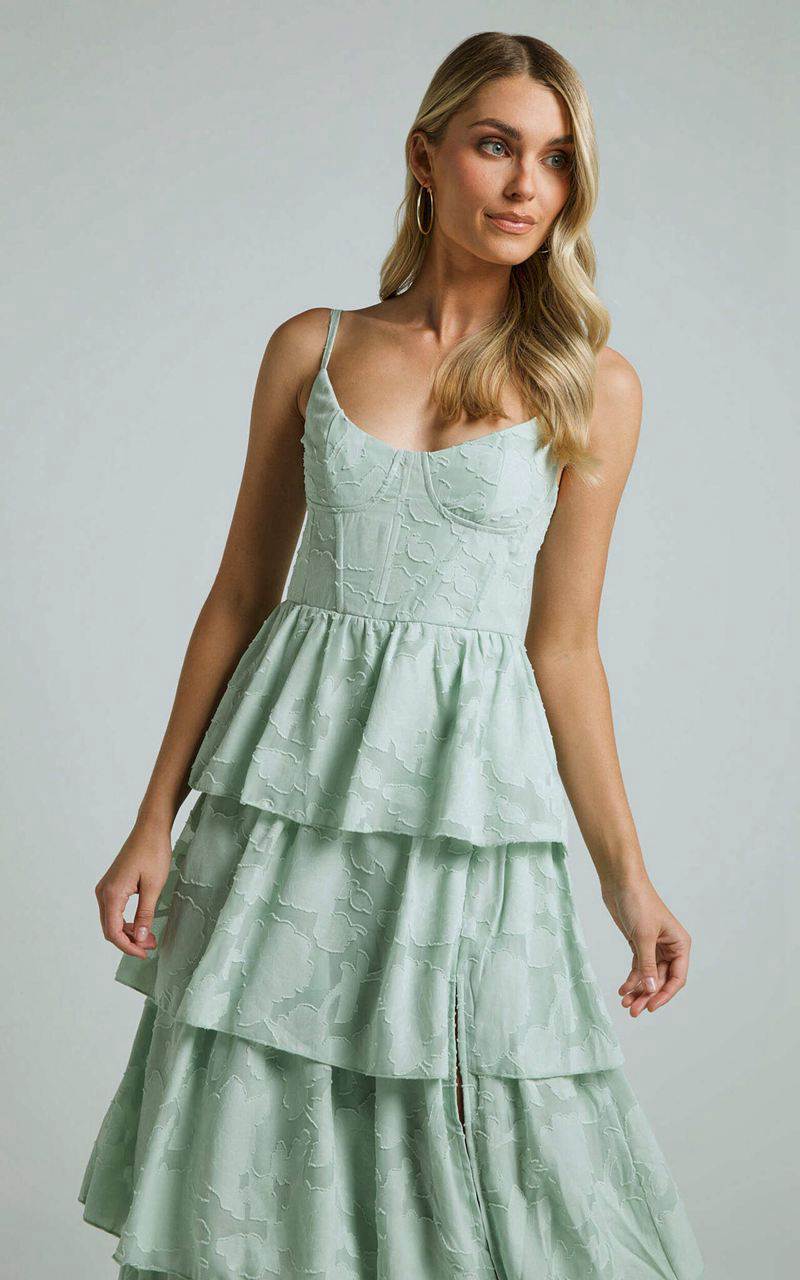 Showpo Janezkie Midi Dress - Femme Tiered Jacquard Formal Dress Mint | UABNIQ398