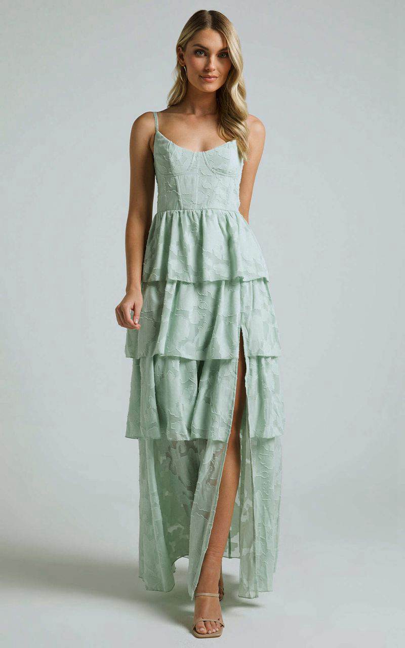 Showpo Janezkie Midi Dress - Femme Tiered Jacquard Formal Dress Mint | UABNIQ398