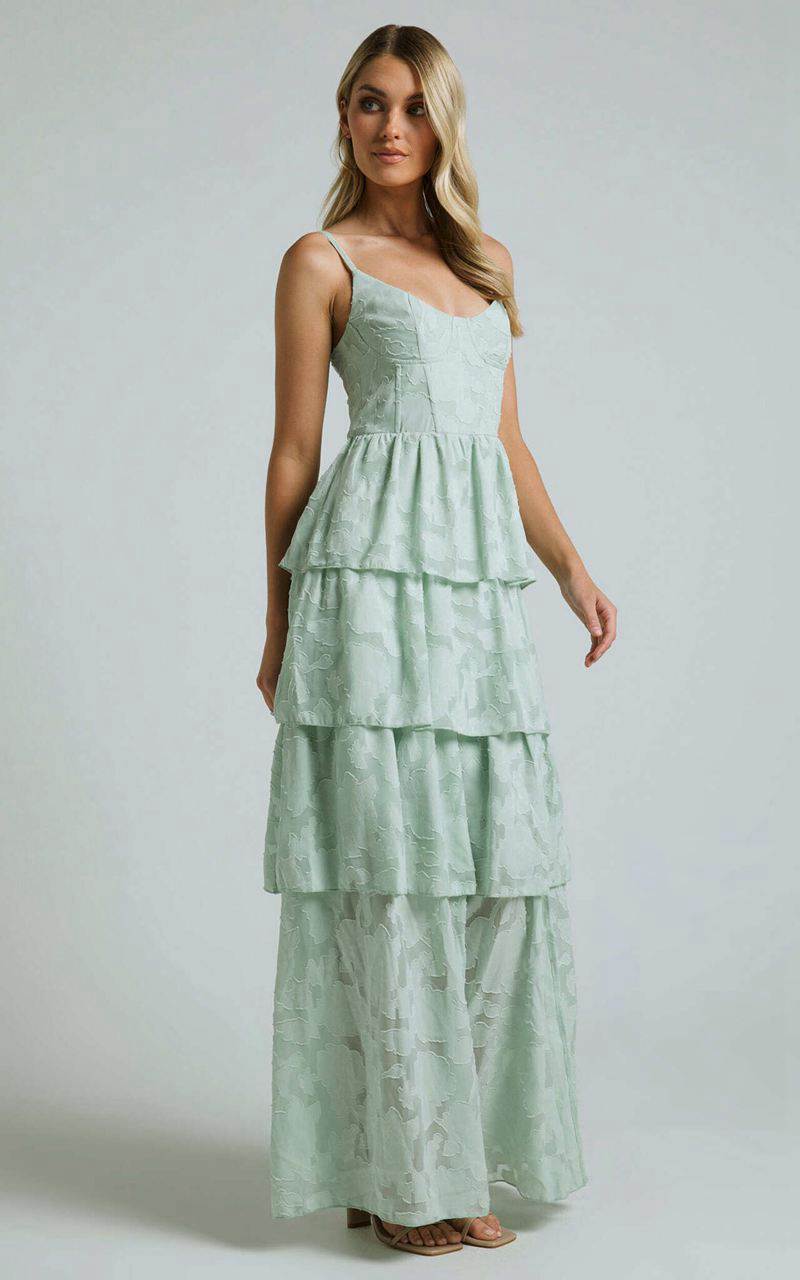 Showpo Janezkie Midi Dress - Femme Tiered Jacquard Formal Dress Mint | UABNIQ398