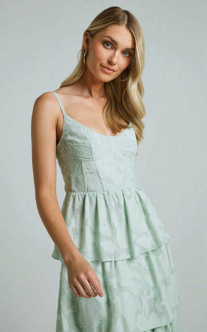 Showpo Janezkie Midi Dress - Femme Tiered Jacquard Formal Dress Mint | UABNIQ398