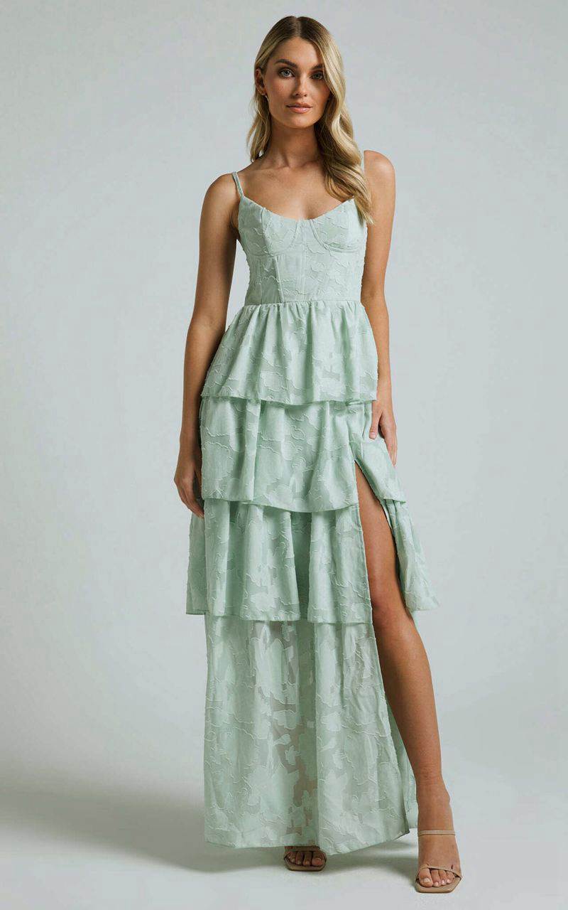 Showpo Janezkie Midi Dress - Femme Tiered Jacquard Formal Dress Mint | UABNIQ398