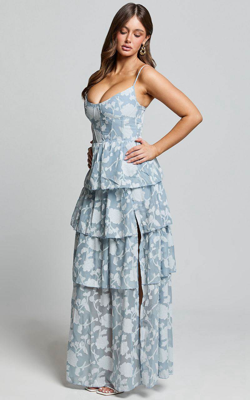 Showpo Janezkie Midi Dress - Femme Tiered Jacquard Formal Dress Light Blue | HBCRGW512