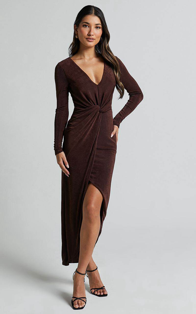 Showpo Janina Midi Dress - Plunge Long Sleeve Twist Wrap Asymmetric Dress Chocolate | JRALCS251