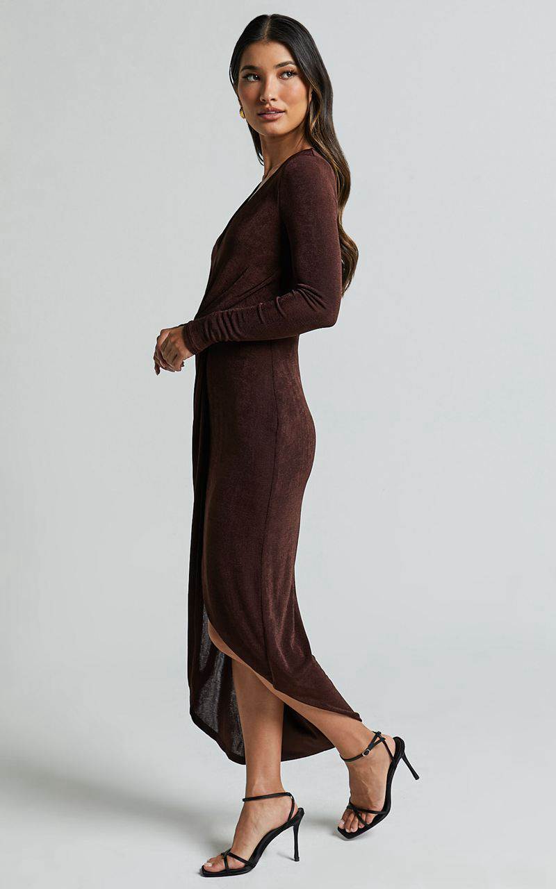 Showpo Janina Midi Dress - Plunge Long Sleeve Twist Wrap Asymmetric Dress Chocolate | JRALCS251