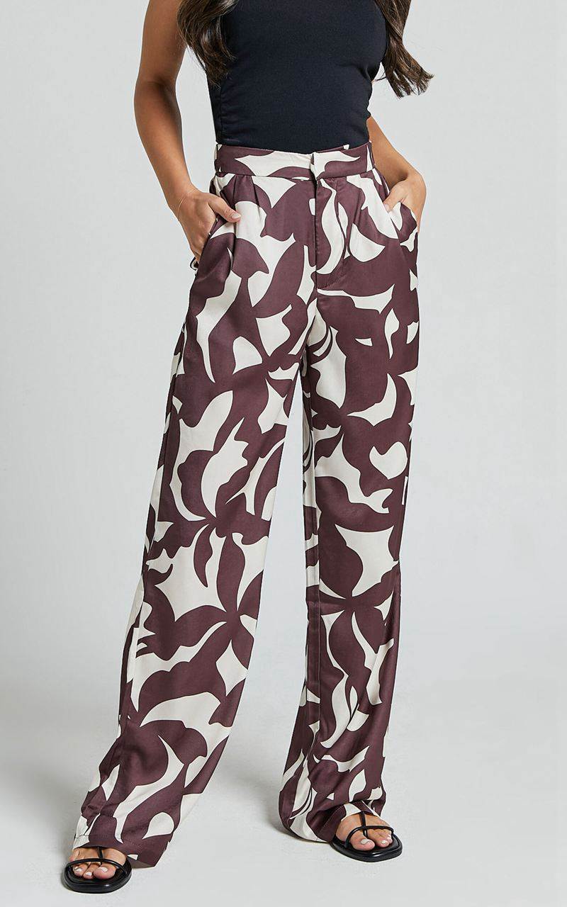 Showpo Janissa Pants - High Waisted Wide Leg Pants Brown Floral | CRHDNG283