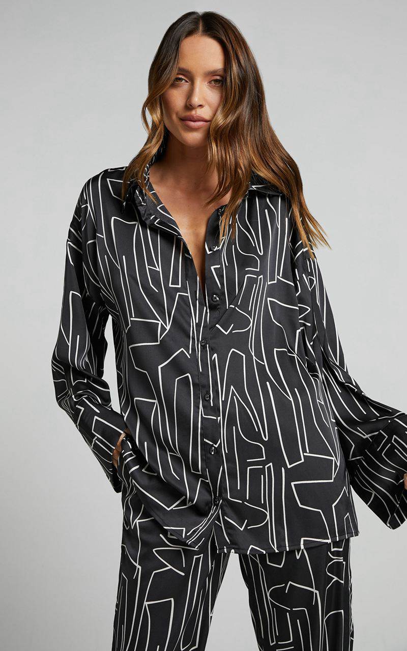 Showpo Janissa Shirt - Long Sleeve Satin Shirt Black And White Linear | CVKWND162