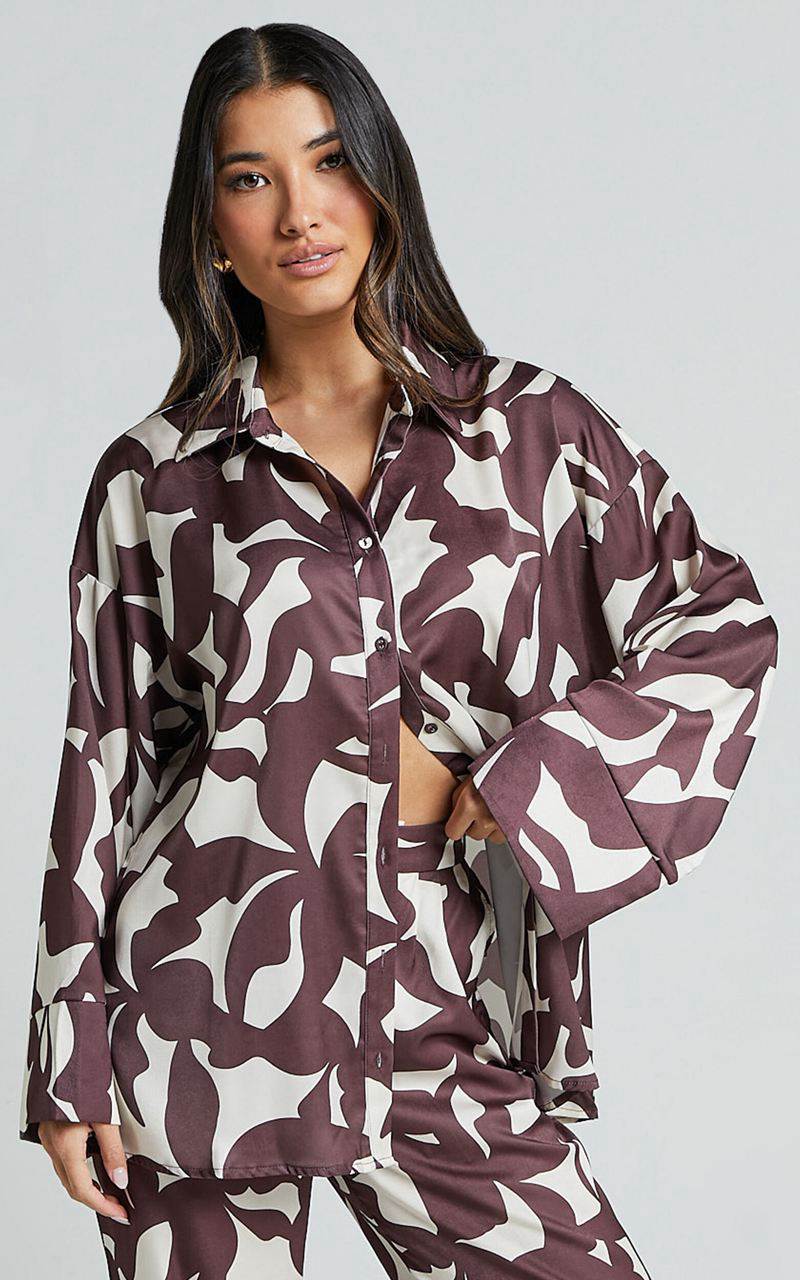 Showpo Janissa Shirt - Long Sleeve Satin Shirt Brown Floral | NJEPFI092