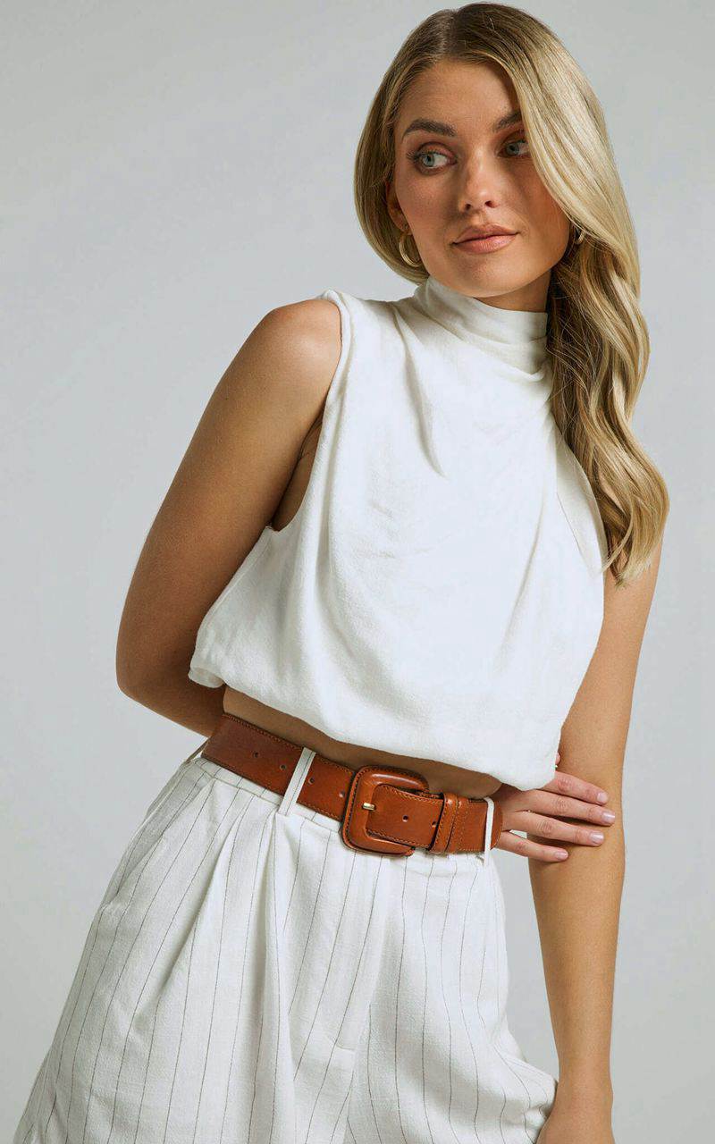 Showpo Jannita Top - Linen Look High Neck Asymmetric Shoulder Crop Top Off White | ASVWGY041