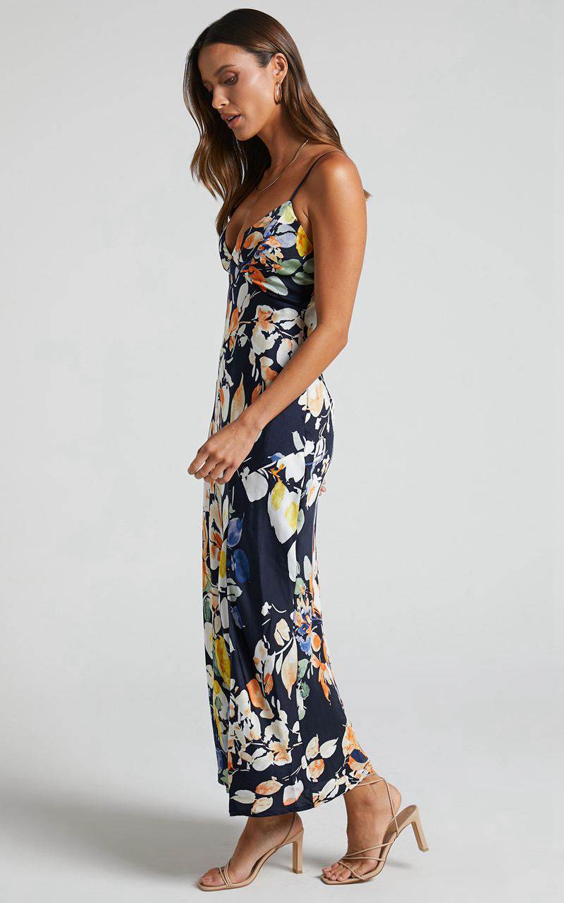 Showpo Jarrah Midi Dress - V Neck Thigh Split Slip Dress Navy Floral | BKAMXG319