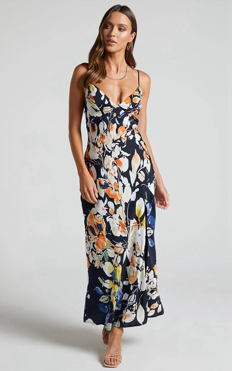 Showpo Jarrah Midi Dress - V Neck Thigh Split Slip Dress Navy Floral | BKAMXG319