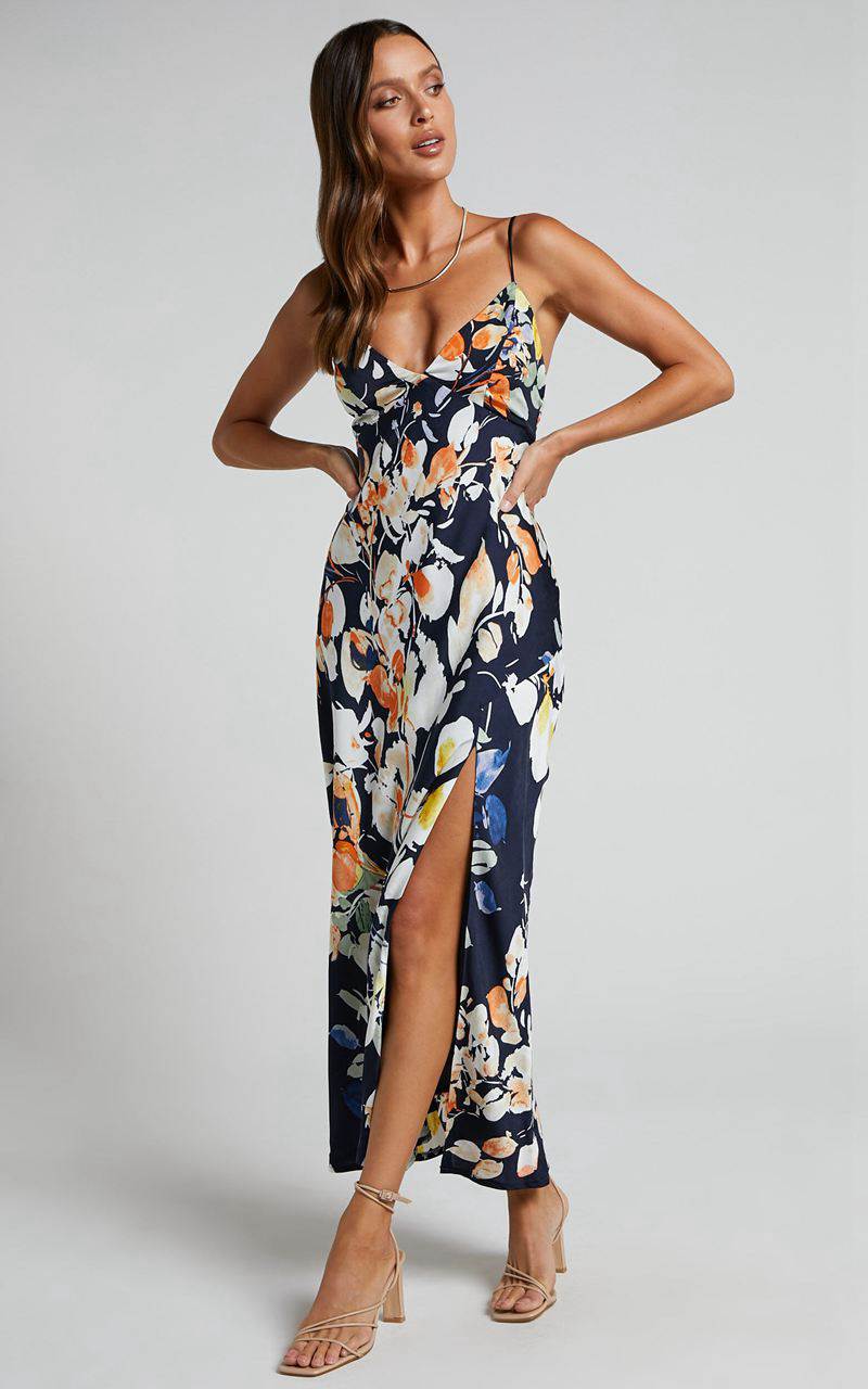 Showpo Jarrah Midi Dress - V Neck Thigh Split Slip Dress Navy Floral | BKAMXG319