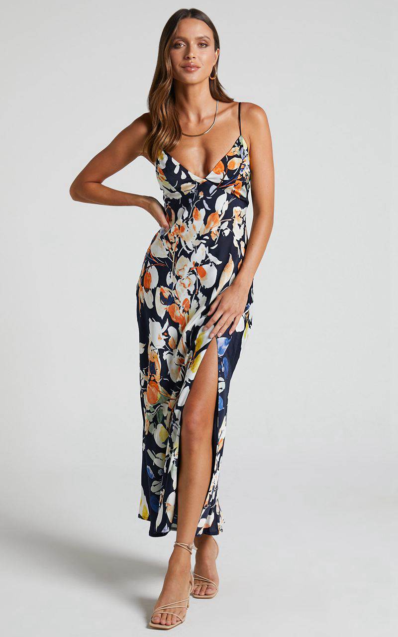 Showpo Jarrah Midi Dress - V Neck Thigh Split Slip Dress Navy Floral | BKAMXG319