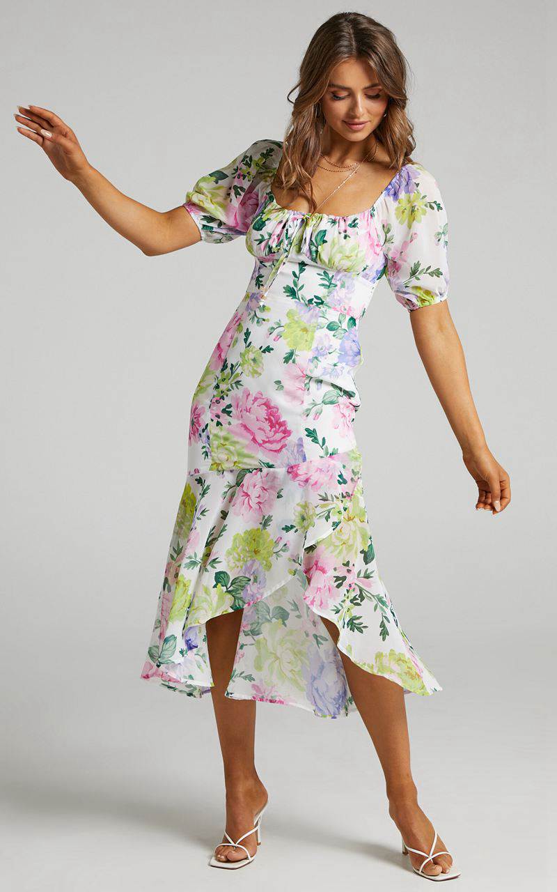 Showpo Jasalina Midi Dress - Puff Sleeve Dress Neon Floral | YONQIZ194