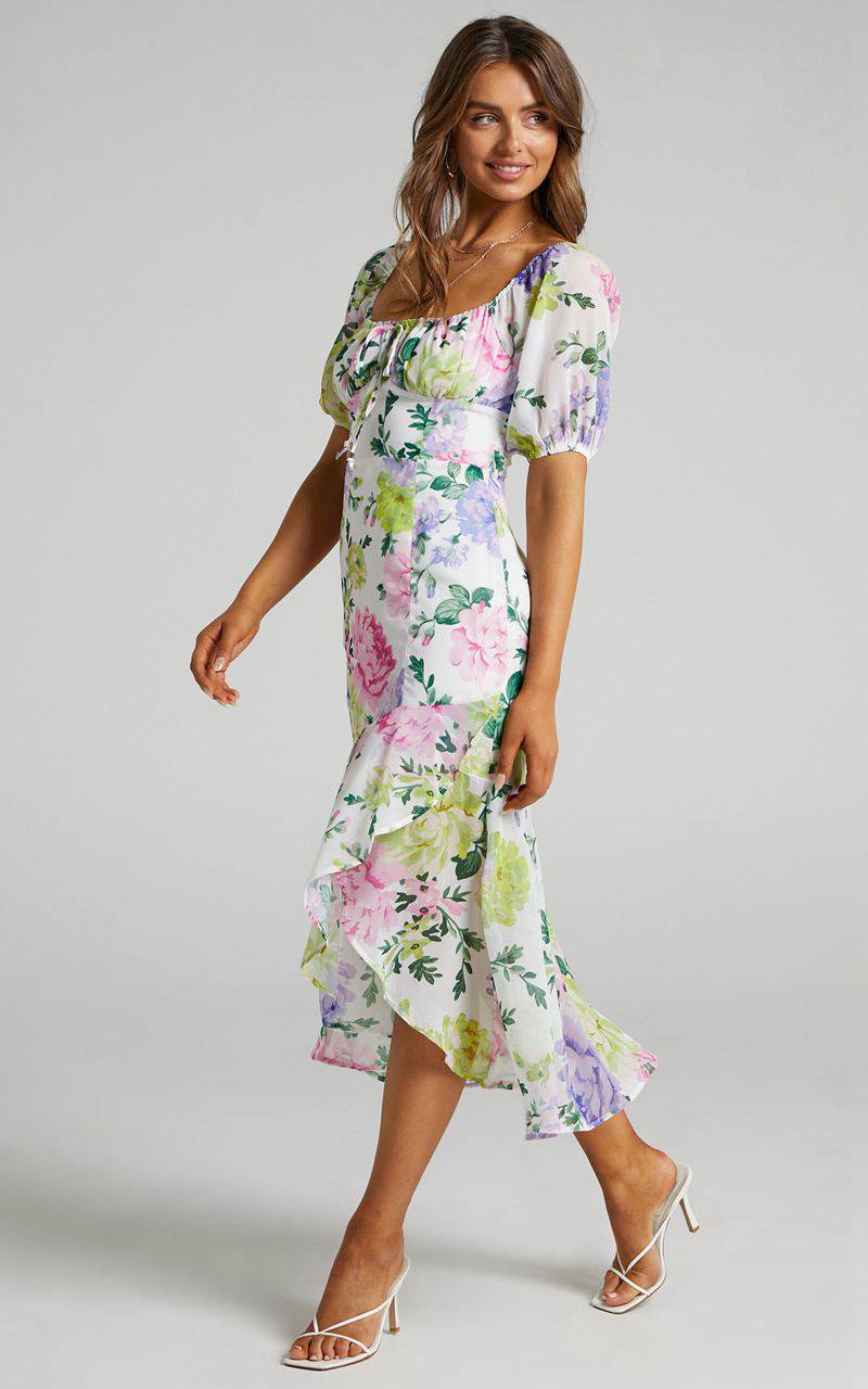 Showpo Jasalina Midi Dress - Puff Sleeve Dress Neon Floral | YONQIZ194