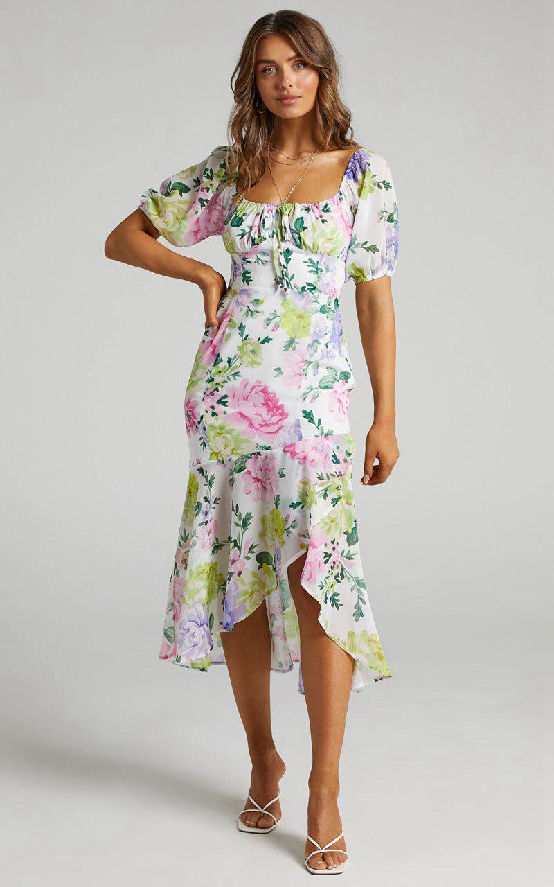 Showpo Jasalina Midi Dress - Puff Sleeve Dress Neon Floral | YONQIZ194