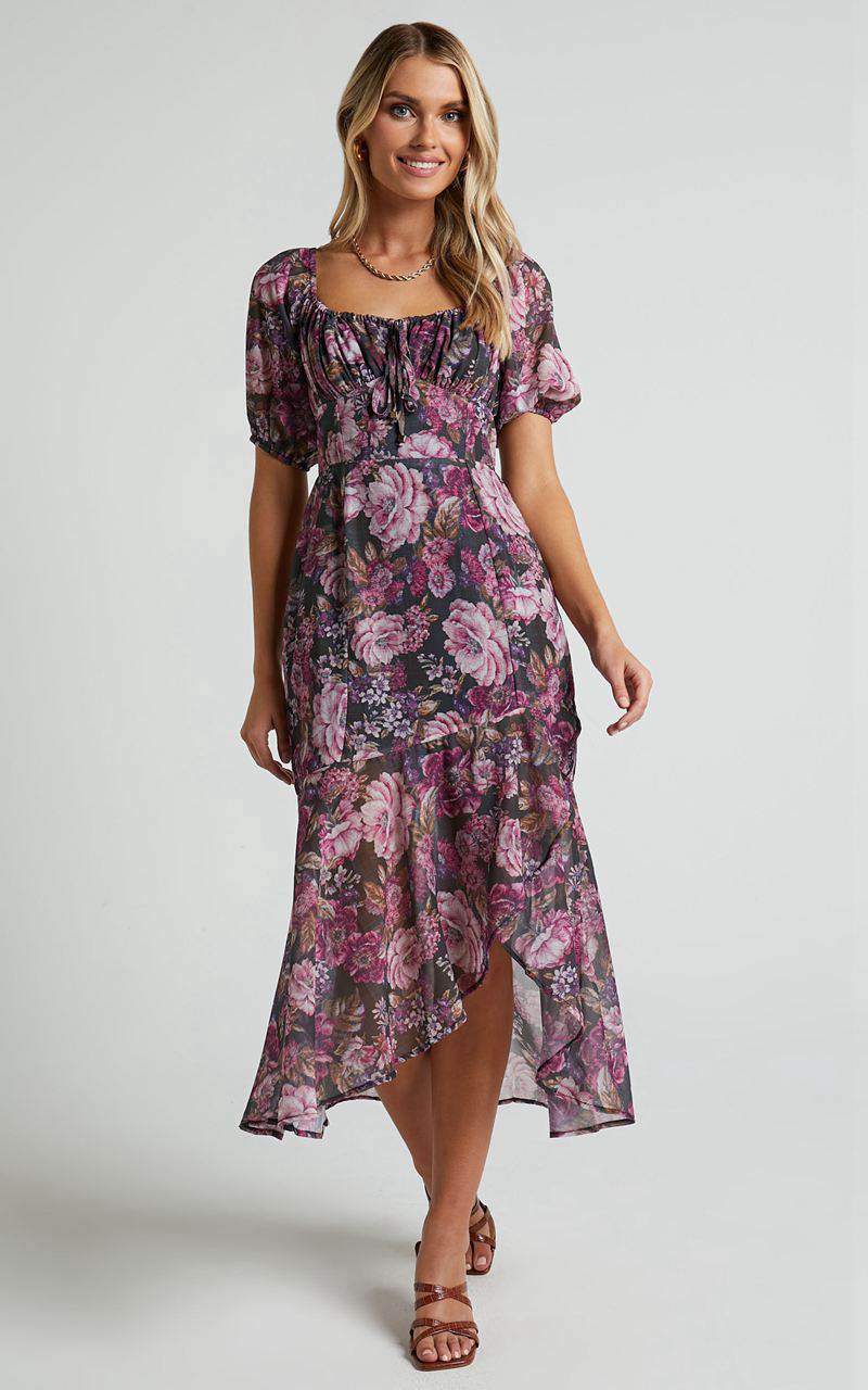 Showpo Jasalina Midi Dress - Puff Sleeve Dress Harvest Floral | QMWEDL908