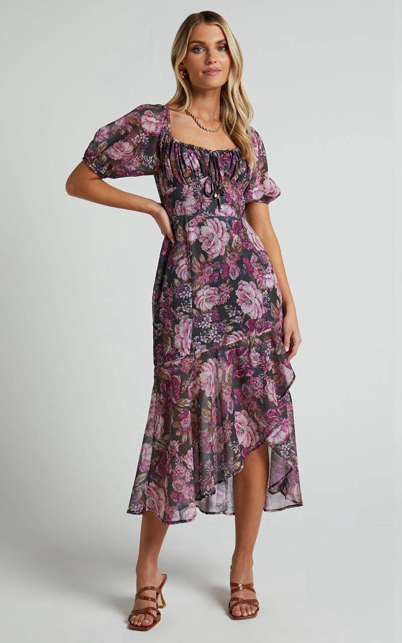 Showpo Jasalina Midi Dress - Puff Sleeve Dress Harvest Floral | QMWEDL908