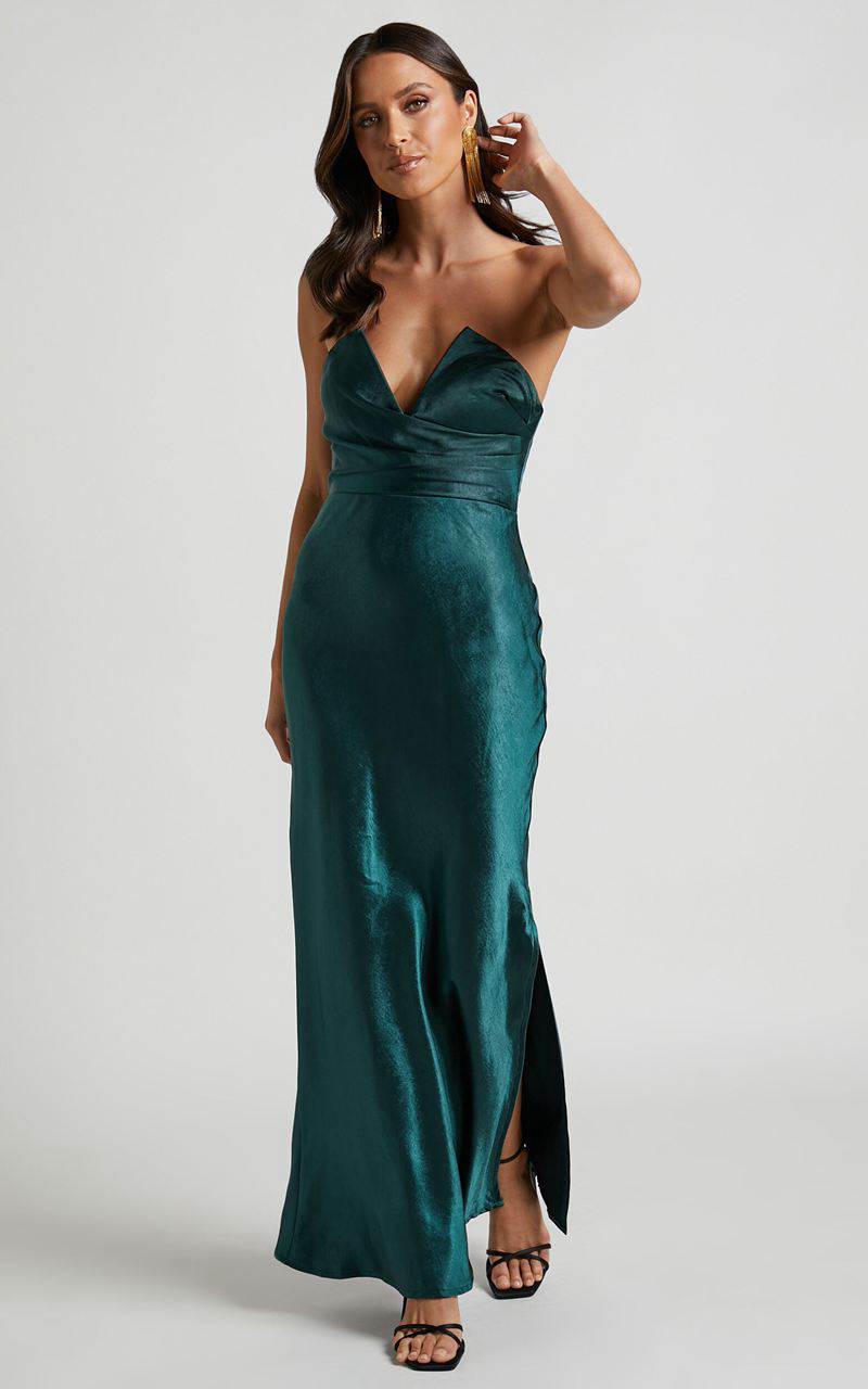 Showpo Jaslynn Midi Dress - Strapless V Neck Satin Dress Jade Green | UCQYEX234