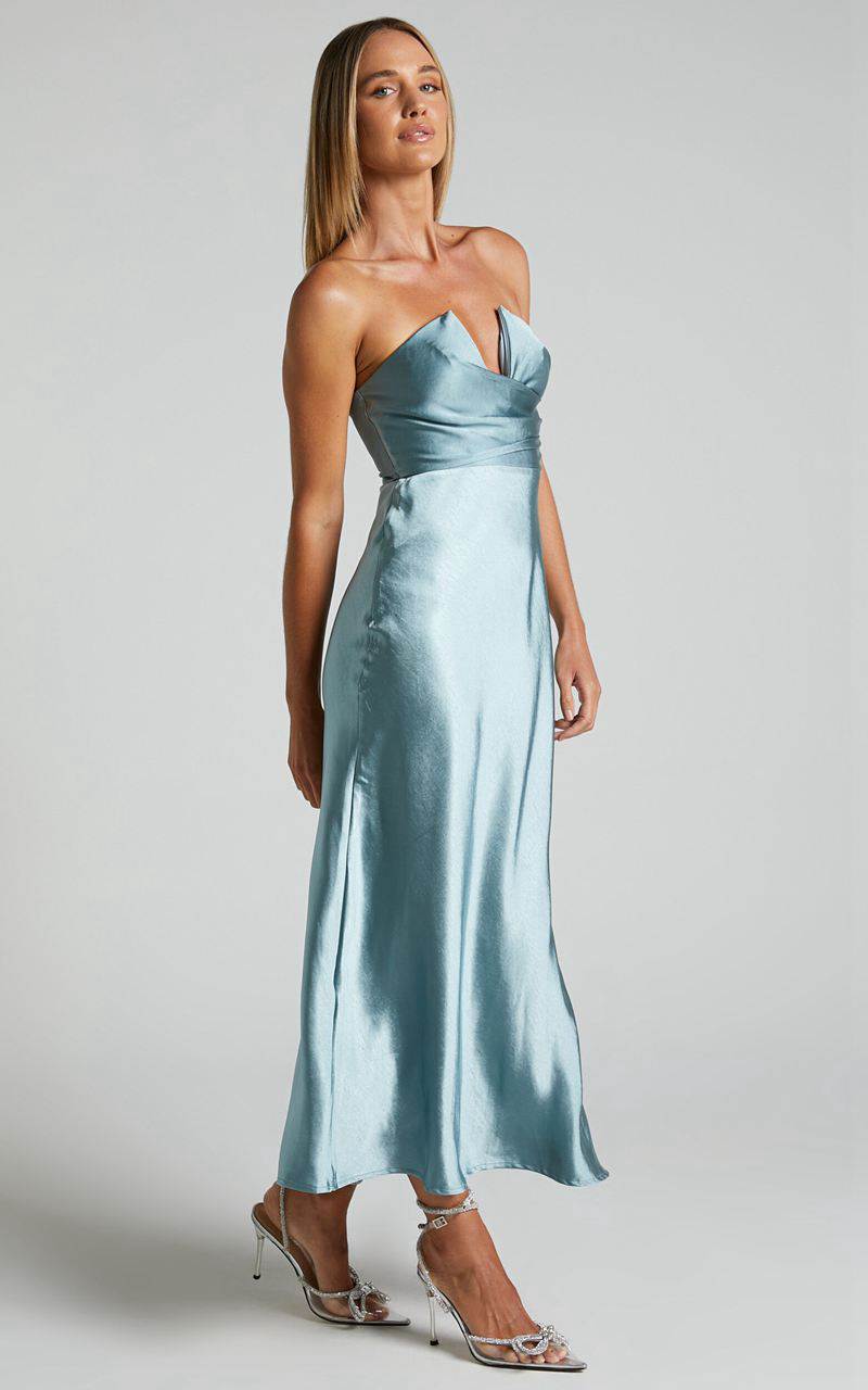 Showpo Jaslynn Midi Dress - Strapless V Neck Satin Dress Ice Blue | GTAQOH710