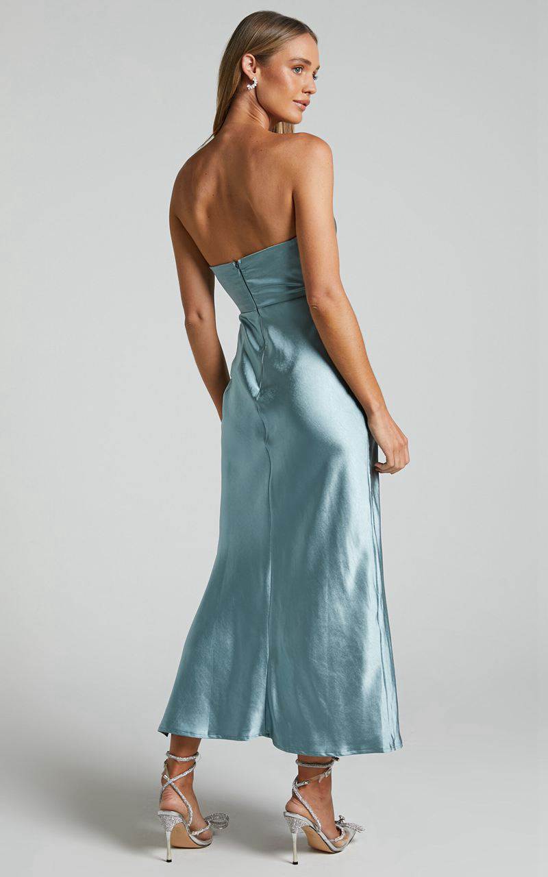 Showpo Jaslynn Midi Dress - Strapless V Neck Satin Dress Ice Blue | GTAQOH710