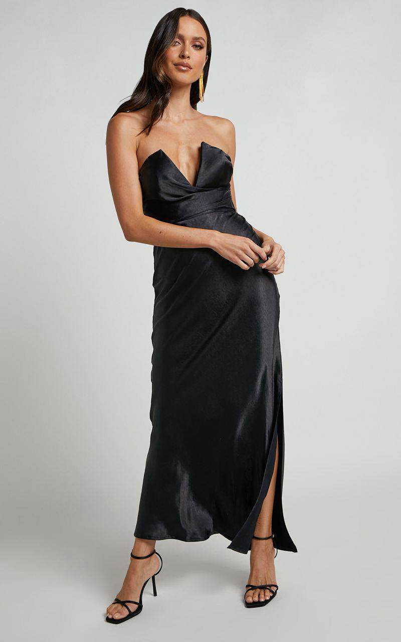 Showpo Jaslynn Midi Dress - Strapless V Neck Satin Dress Black | EPNIGD618