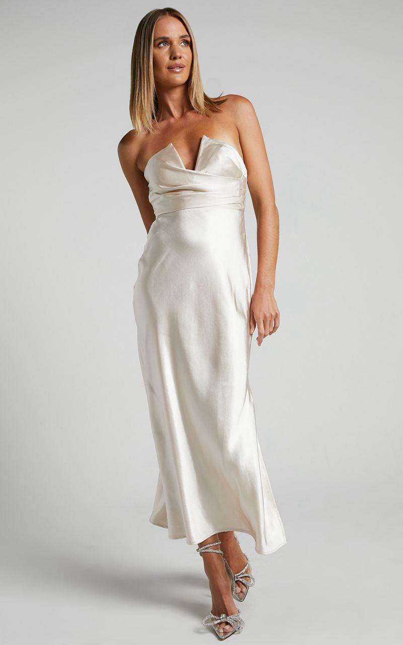 Showpo Jaslynn Midi Dress - Strapless V Neck Satin Dress Champagne | SJUZED235