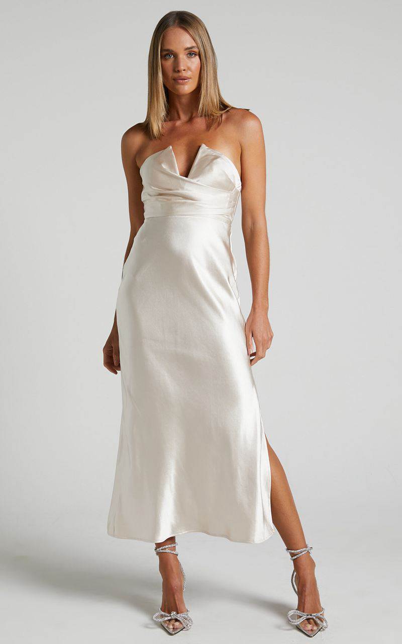 Showpo Jaslynn Midi Dress - Strapless V Neck Satin Dress Champagne | SJUZED235