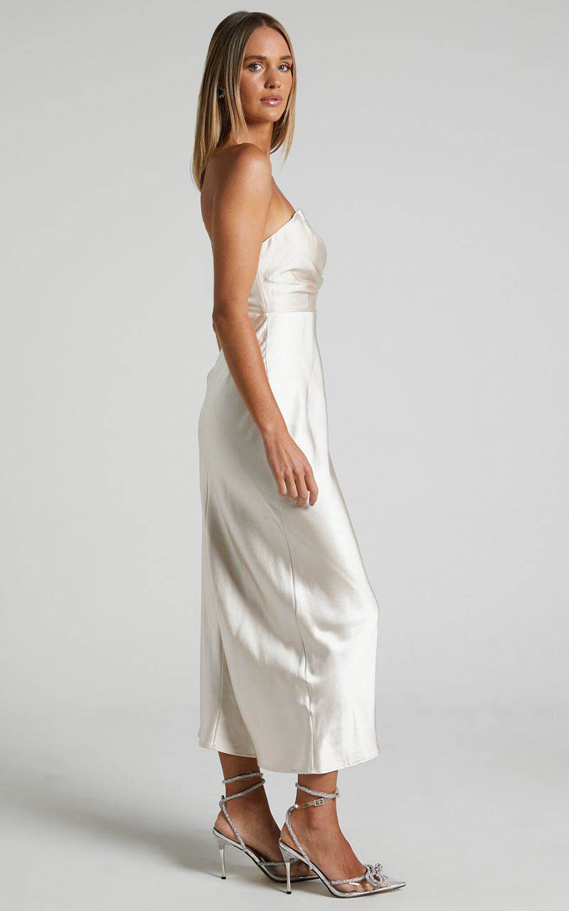 Showpo Jaslynn Midi Dress - Strapless V Neck Satin Dress Champagne | SJUZED235