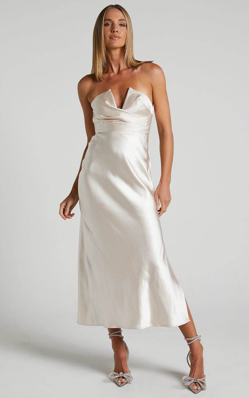 Showpo Jaslynn Midi Dress - Strapless V Neck Satin Dress Champagne | SJUZED235