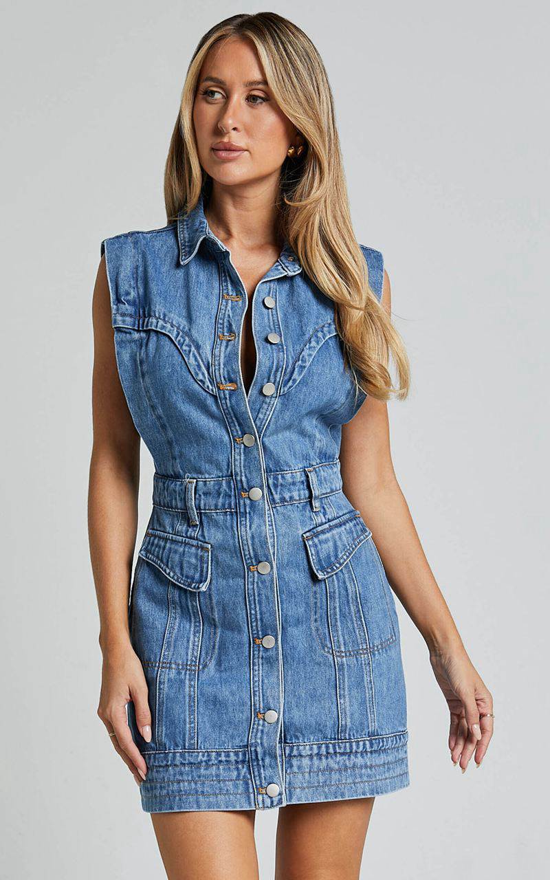 Showpo Jasse Mini Dress - Button Through Denim Dress Mid Blue Wash | SLCYTA564