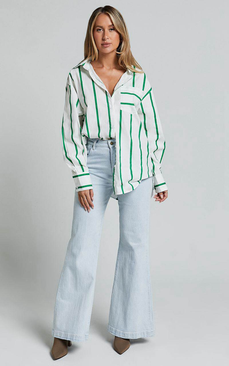 Showpo Jaycey Shirt - Long Sleeve Pocket Detail Shirt White And Green Stripe | AVXZIP418