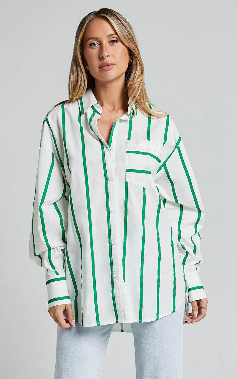 Showpo Jaycey Shirt - Long Sleeve Pocket Detail Shirt White And Green Stripe | AVXZIP418