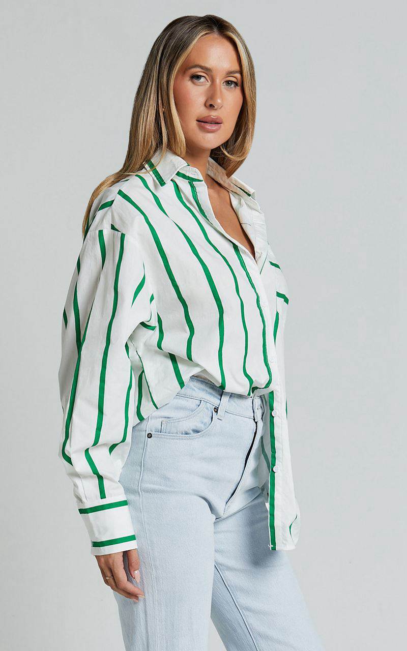 Showpo Jaycey Shirt - Long Sleeve Pocket Detail Shirt White And Green Stripe | AVXZIP418