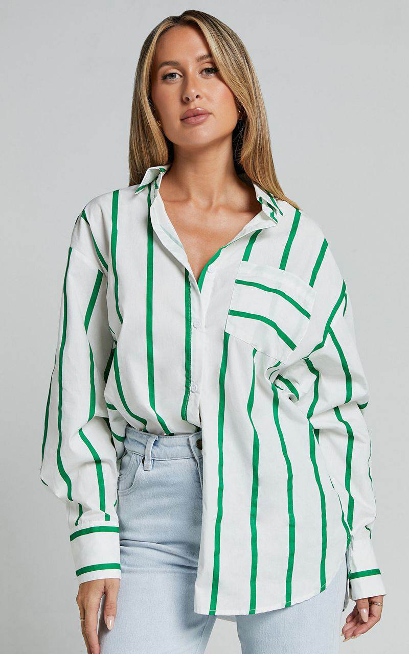 Showpo Jaycey Shirt - Long Sleeve Pocket Detail Shirt White And Green Stripe | AVXZIP418