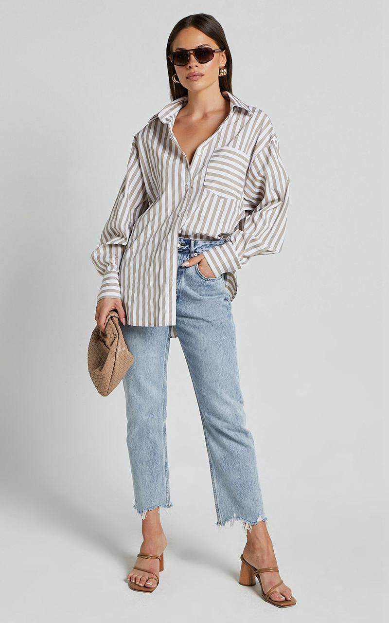 Showpo Jaycey Shirt - Long Sleeve Pocket Detail Shirt Beige Stripe | LUDWJG809