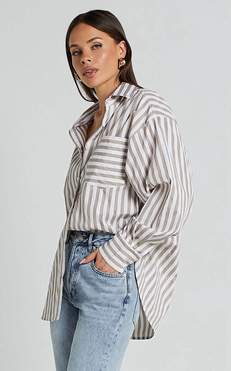 Showpo Jaycey Shirt - Long Sleeve Pocket Detail Shirt Beige Stripe | LUDWJG809