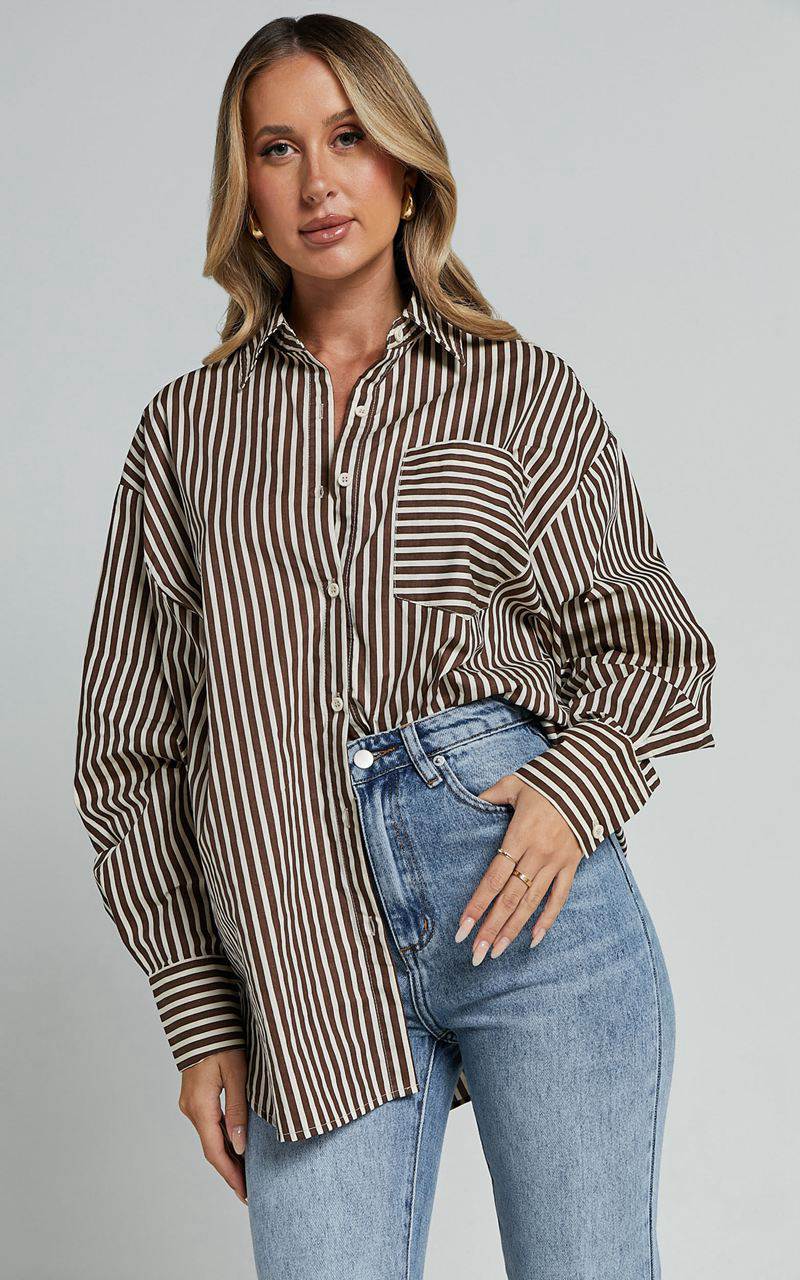 Showpo Jaycey Shirt - Long Sleeve Pocket Detail Shirt Brown Stripe | DMRJZY574