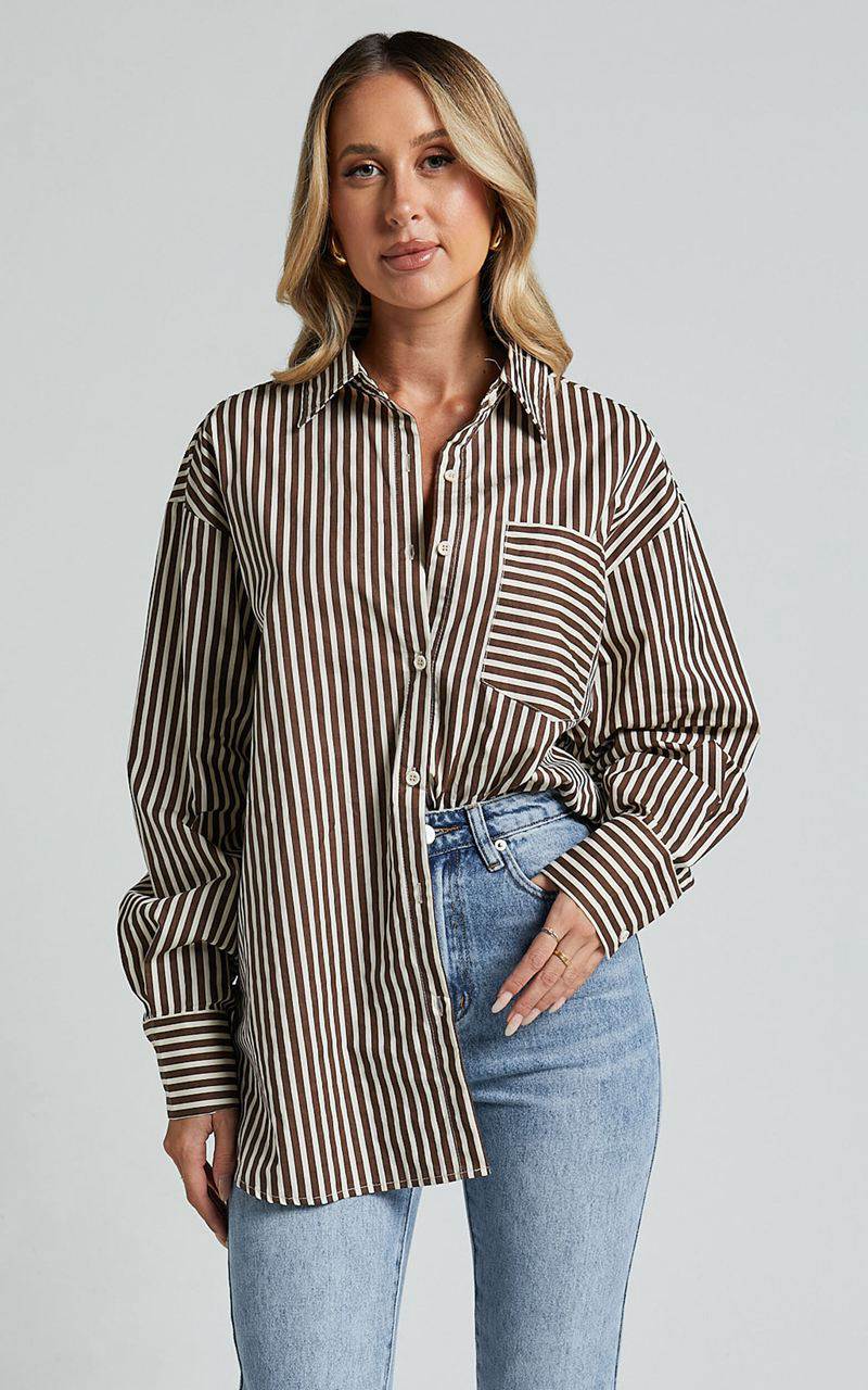 Showpo Jaycey Shirt - Long Sleeve Pocket Detail Shirt Brown Stripe | DMRJZY574