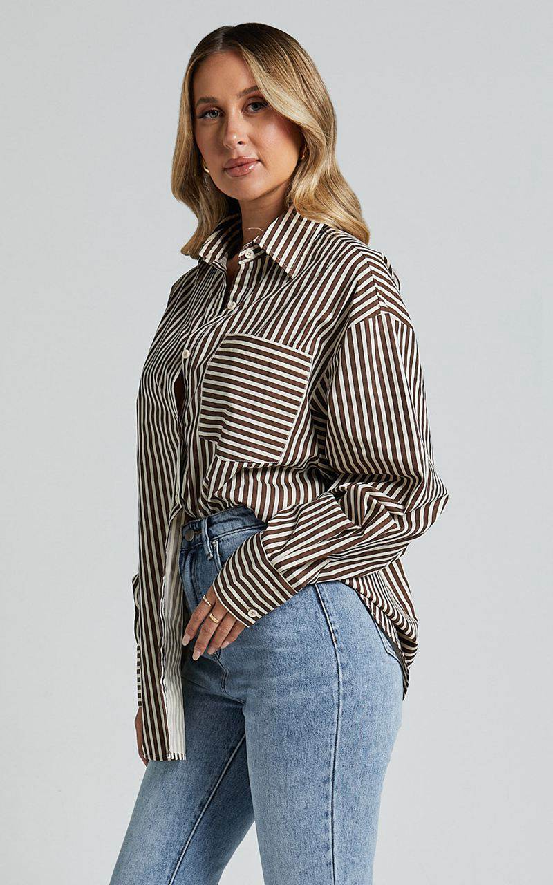 Showpo Jaycey Shirt - Long Sleeve Pocket Detail Shirt Brown Stripe | DMRJZY574