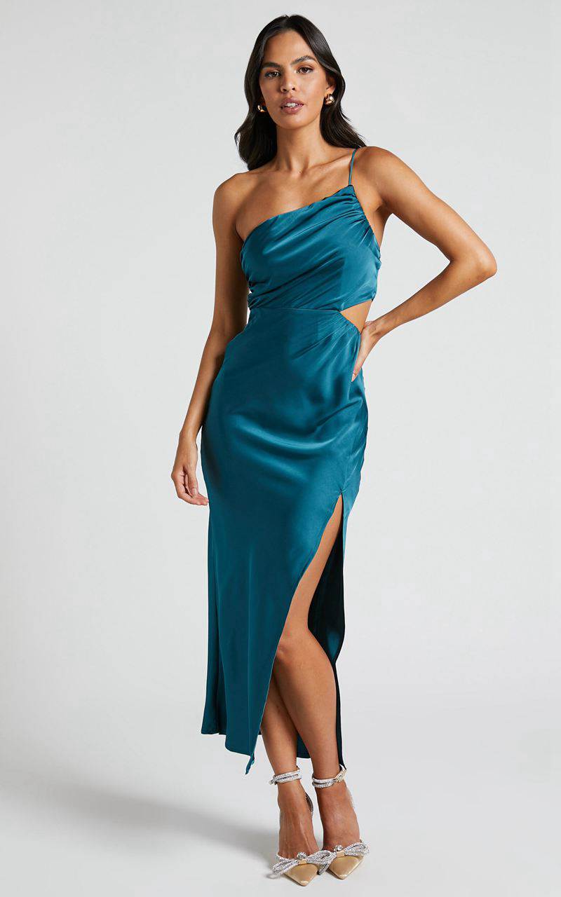 Showpo Jaylani Midi Dress - One Shoulder Thigh Split Gathered Satin Dress Teal | QGEHZJ716