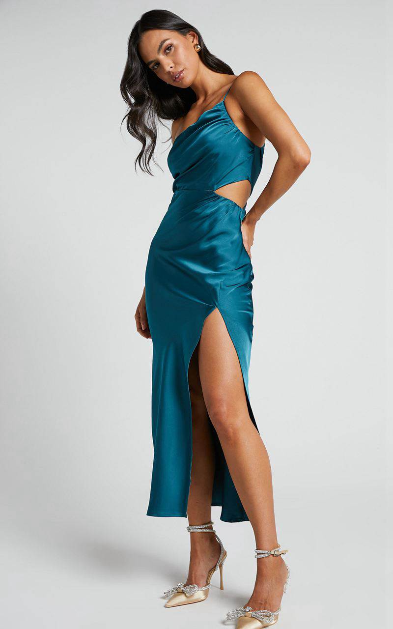 Showpo Jaylani Midi Dress - One Shoulder Thigh Split Gathered Satin Dress Teal | QGEHZJ716